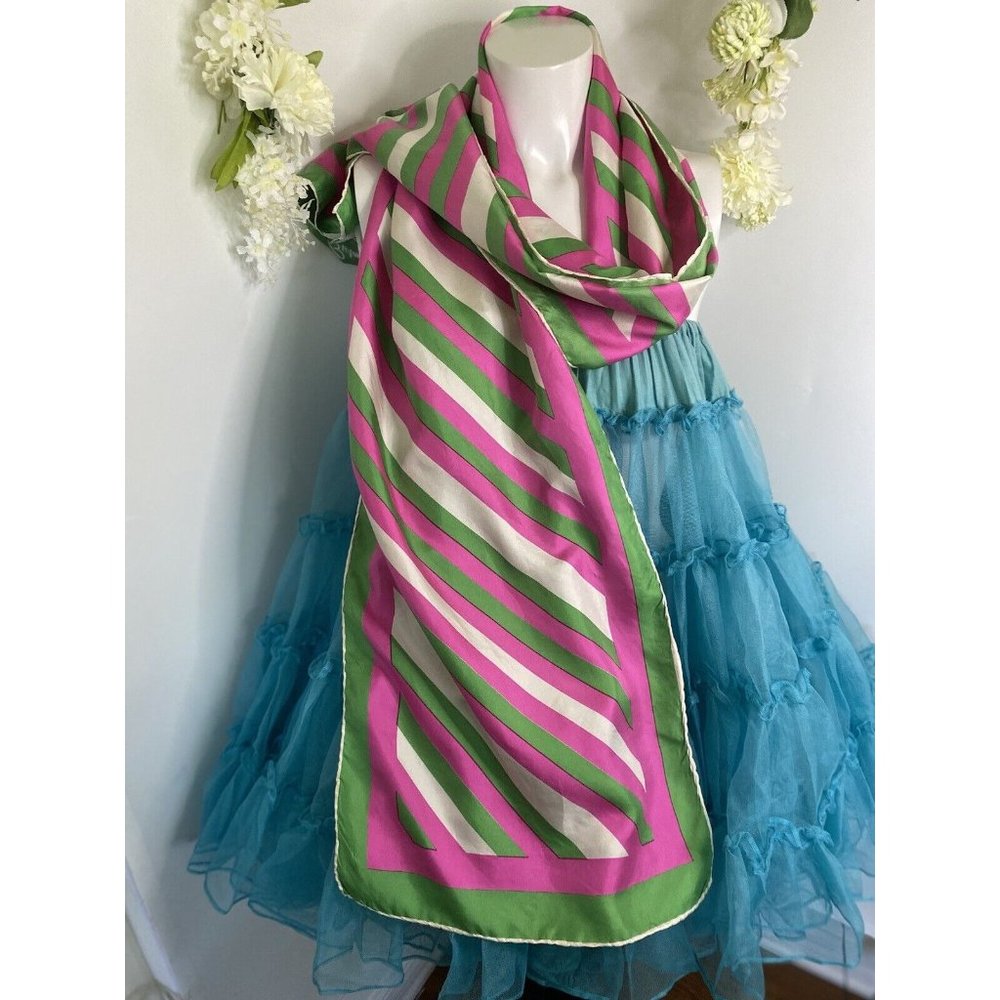 Burmel Vintage 1960's Pink Green Stripe Hand Rolled All Silk Scarf 13x68 Italy - Picture 2 of 16